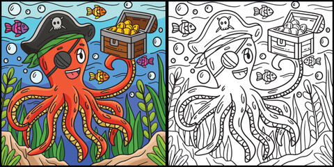 Pirate Octopus Holding Chest Coloring Illustration