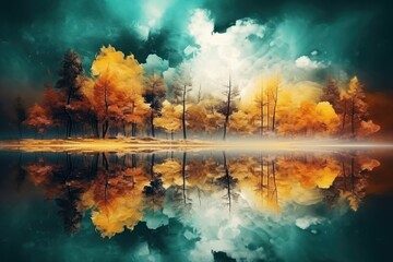 Obraz na płótnie Canvas Autumn Reflections: A Surreal Lakescape Crafted - Generative AI
