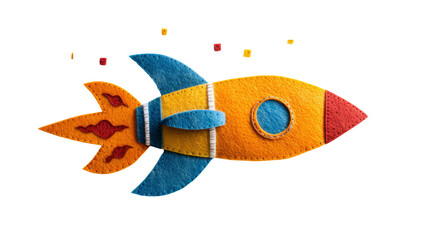 Handmade felt rocket and stars in space, sparking imagination and creativity for children's...