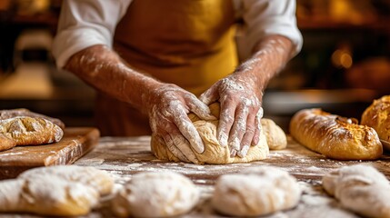 man's hands knead the dough for baking bread in the bakery
