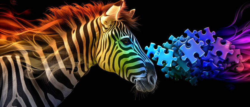 Concept of zebra for HPI. Zebra looking at colorful brain, puzzle pieces. Highly Potent Individuals, intelligence, sensitivity, uniqueness of personality. Challenge of diversity. Modern psychology.