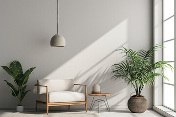 Sunlit Minimalist Nordic Interior. A serene Scandinavian-style living space, with a plush armchair and lush potted plants highlighted by sunbeams.
