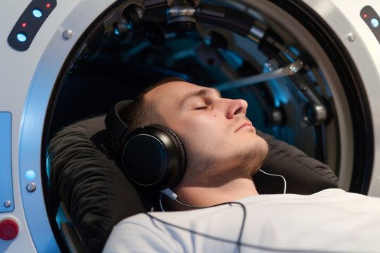 man listening to music with headphones during hyperbaric oxygen treatment
