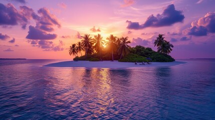 Fototapeta na wymiar A White Island in the Pacific: A Place Where Palm Trees, Sunset, and Purple Sky Meet