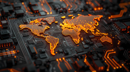Envision a captivating image where a glowing, orange digital world map overlays a dark 