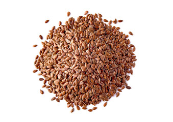 Heap of Organic Whole Brown Flax Seeds. Top View. Isolated on White Background.  - obrazy, fototapety, plakaty