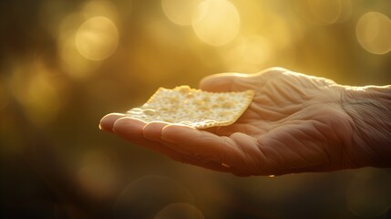 hand holding a piece of matzah up to the light, with a warm glow in the background, symbolizing hope and freedom associated with Passover. - Powered by Adobe