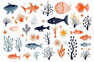  Sea animals, doodle cartoon set with hand drawn sea life elements, illustration. 
