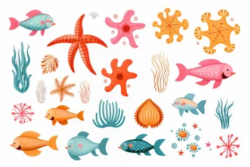 Fototapete Unter dem Meer  Sea animals, doodle cartoon set with hand drawn sea life elements, illustration. 