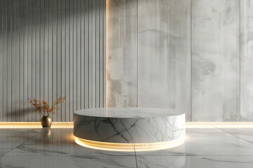 A modern marble podium with glowing ambient lighting stands in a minimalist interior, accented by a single vase with delicate branches.
