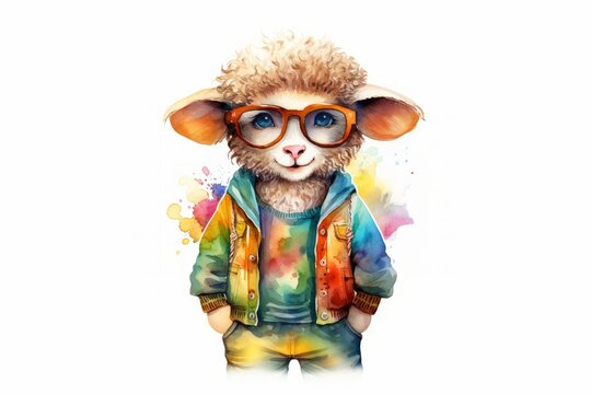 Hippie sheep with glasses , watercolor bright colorful illustration, white isolated background. The concept of humanization.