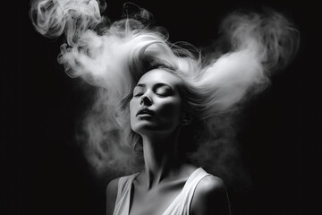 With her eyes closed and her hair blending with the mist, a stunning model girl with an exquisite hairstyle and makeup exudes happiness. - obrazy, fototapety, plakaty