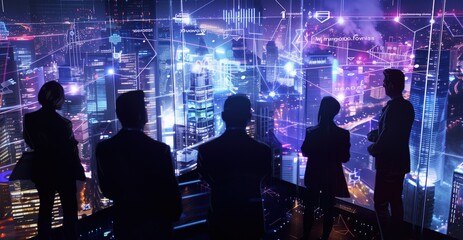futuristic portrait of a group of professionals looking at an urban landscape overlaid with holographic data and graphics, suggesting a high-tech business environment.