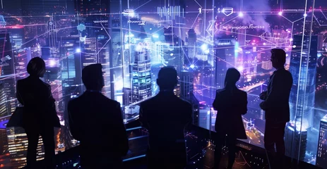 Tuinposter futuristic portrait of a group of professionals looking at an urban landscape overlaid with holographic data and graphics, suggesting a high-tech business environment. © ProstoSvet