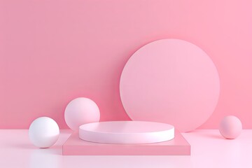 Abstract composition of geometric shapes in shades of pink, featuring a circular backdrop with a...