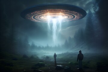 Alien Beings and a UFO: a Surreal Encounter on Earth. Concept Surreal Encounters, Alien Encounters, UFO Sightings, Extraterrestrial Beings, Earthly Abductions