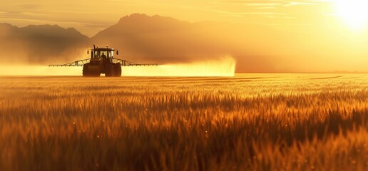 Fototapeta premium picturesque scene of agricultural activity: a sprayer working on a golden wheat field during a misty sunrise or sunset.