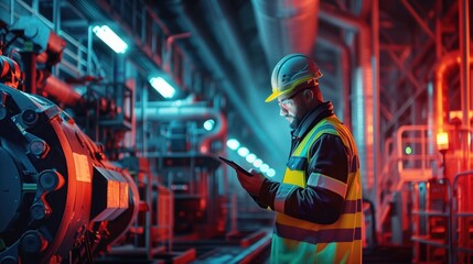 Naklejka premium industrial worker in a reflective vest and helmet working with a tablet in a factory with sophisticated equipment