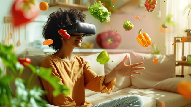 woman wearing virtual reality goggles interacting with digital images of fruits and vegetables, signifying an immersive VR experience.