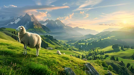 Papier Peint photo Lavable Destinations Sheep animal in the nice green.