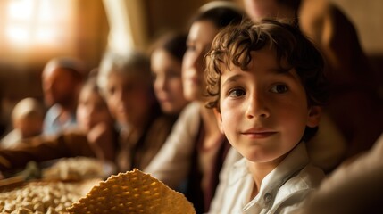 portrait of a young boy holding matzah with a group of people in soft focus in the background, likely representing a family gathering for a Passover Seder. - obrazy, fototapety, plakaty