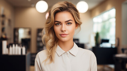 Obraz premium Young attractive female receptionist of beauty salon. Beauty salon administrator