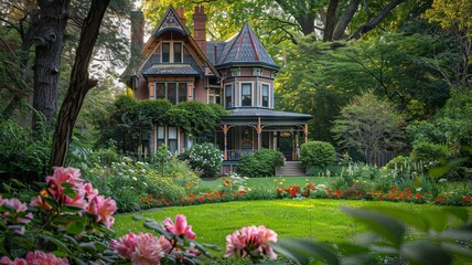 Fototapeta premium A classic Victorian house surrounded by a lush garden, showcasing the charm and detail of historical architecture.