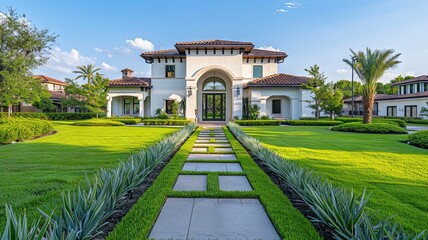 Fototapeta premium New Luxury Home Exterior & Lush Backyard
