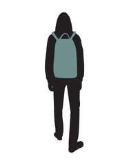silhouette of a man with a backpack vector back view. teenager with backpack in hood vector silhouette. silhouette of a guy walking with his back in a hood with a backpack vector