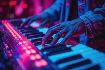 A live band or DJ sets the mood with lively tunes and energetic performances, keeping the crowd entertained and ensuring that the party continues well into the night. Music keyboard - obrazy, fototapety, plakaty