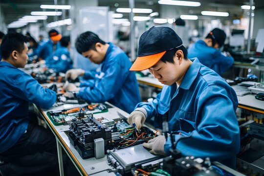 Focused Asian workers assembling smartphones in high-tech factory amid machinery. Concept Technology, Manufacturing, Asian Workers, High-tech Factory, Assembly Lines