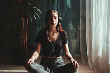 woman with headphones, sitting crosslegged, serene