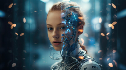 Techno woman in futuristic concept. Portrait of Bionic on a blurred background