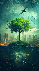 Urban Nature Integration - Illustration of a tree integrating with an urban landscape and a globe