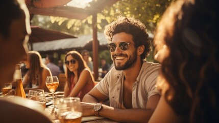 Large group of friends, millennial people with friend enjoying a fun-filled social gathering at an outdoor restaurant, friendship and social gathering concept, Generative AI - obrazy, fototapety, plakaty