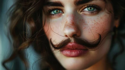 Fotobehang close up of a beautiful woman model with mustache and make up © Ivana