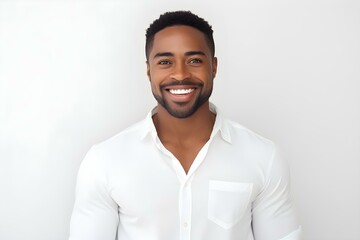 Obraz premium Confident stylish black man with impeccable smile and strong features on white background. Concept Portrait Photography, Confident Expression, Stylish Black Man, Impeccable Smile, Strong Features