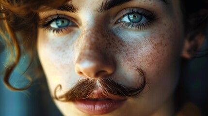 close up of a beautiful woman model with mustache and make up