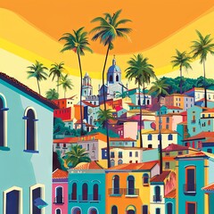 A vibrant flat digital illustration of Salvador, Bahia, showcasing colorful colonial architecture, Afro-Brazilian heritage, and scenic beauty.

