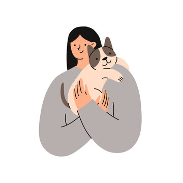Woman is holding a cute French Bulldog dog in her hands. Pet owner. Flat vector illustration.