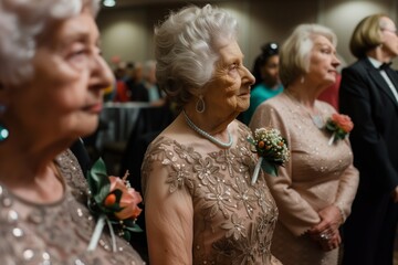 elderly women in elegant dresses with corsages at a gala
