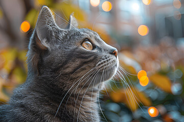 beautiful gray cat on bokeh background. World Cat Day.