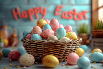 Fototapeta na wymiar Easter poster and banner with Easter eggs in wicker basket in pastel colors with text happy Easter