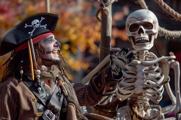 person in pirate gear with a skeleton in a crows nest