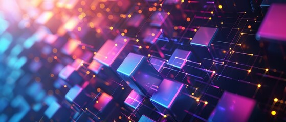 Futuristic technology abstract background with lines and cubes, big data, data center, server, internet, speed. Fantastic wallpaper abstract neon lights into digital technology. Generative ai - obrazy, fototapety, plakaty