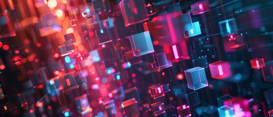 Fototapeta premium Futuristic technology abstract background with lines and cubes, big data, data center, server, internet, speed. Fantastic wallpaper abstract neon lights into digital technology. Generative ai