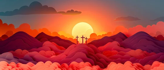 Schilderijen op glas Easter Sunrise & Three Crosses Paper Cut   © Kristian
