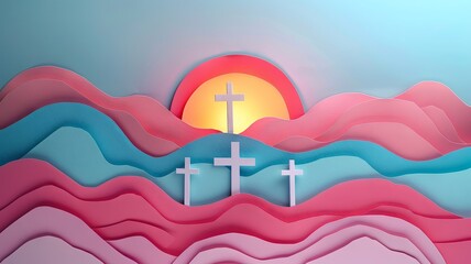Fototapeta na wymiar Easter Sunrise & Three Crosses Paper Cut