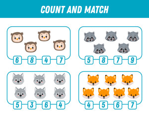 Obraz premium Education game for children count and match of cute cartoon owls, wolf, fox, racoon. Funny forest animals, printable worksheet.