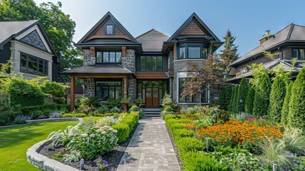 Exterior of a newly-built luxury home with lush green grass and a walkway leading to an ornately designed covered porch.

